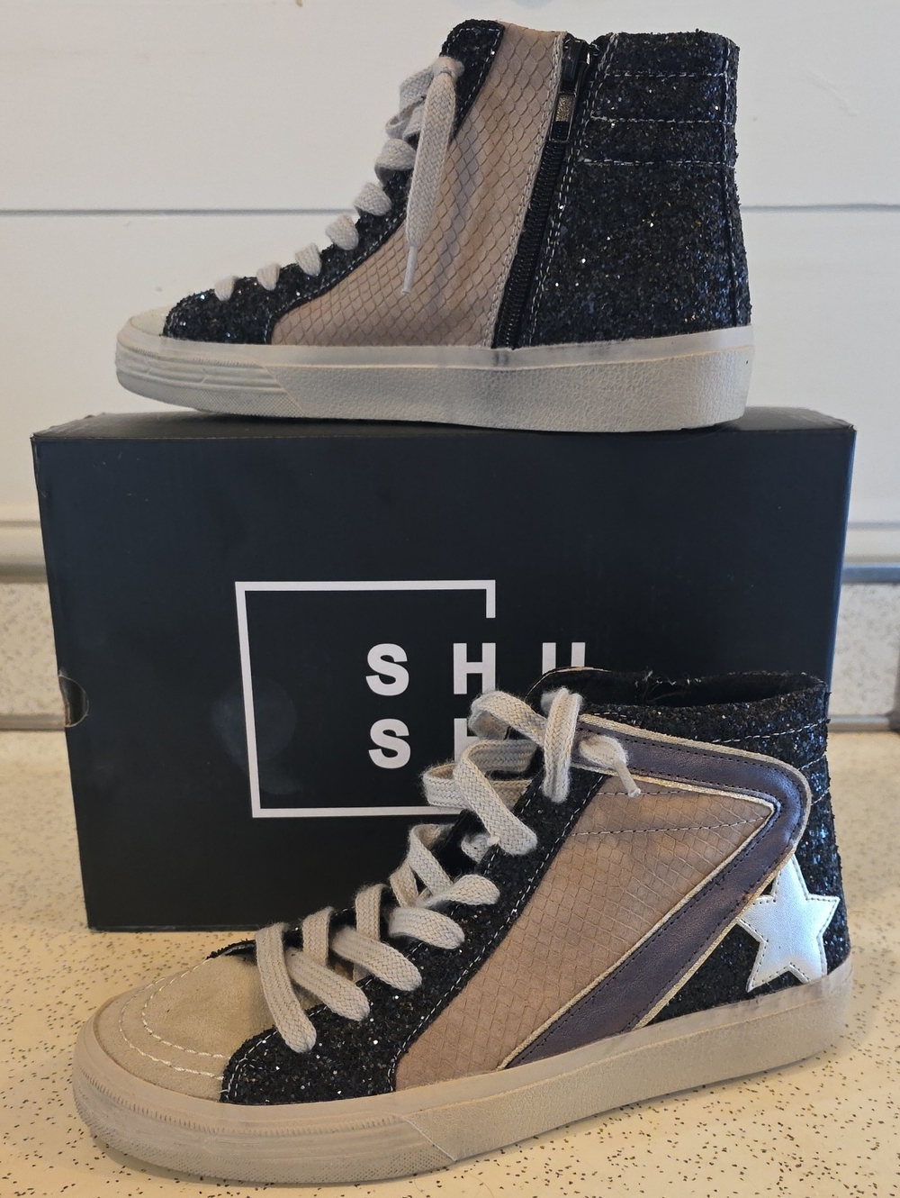 ShuShop Women's Roxanne High Top Sneaker Black Glitter 7.5